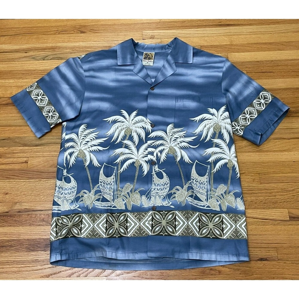 Winnie Fashion‎ Mens Hawaiian Shirt Button 100% Cotton XL Blue Tropical Vacation